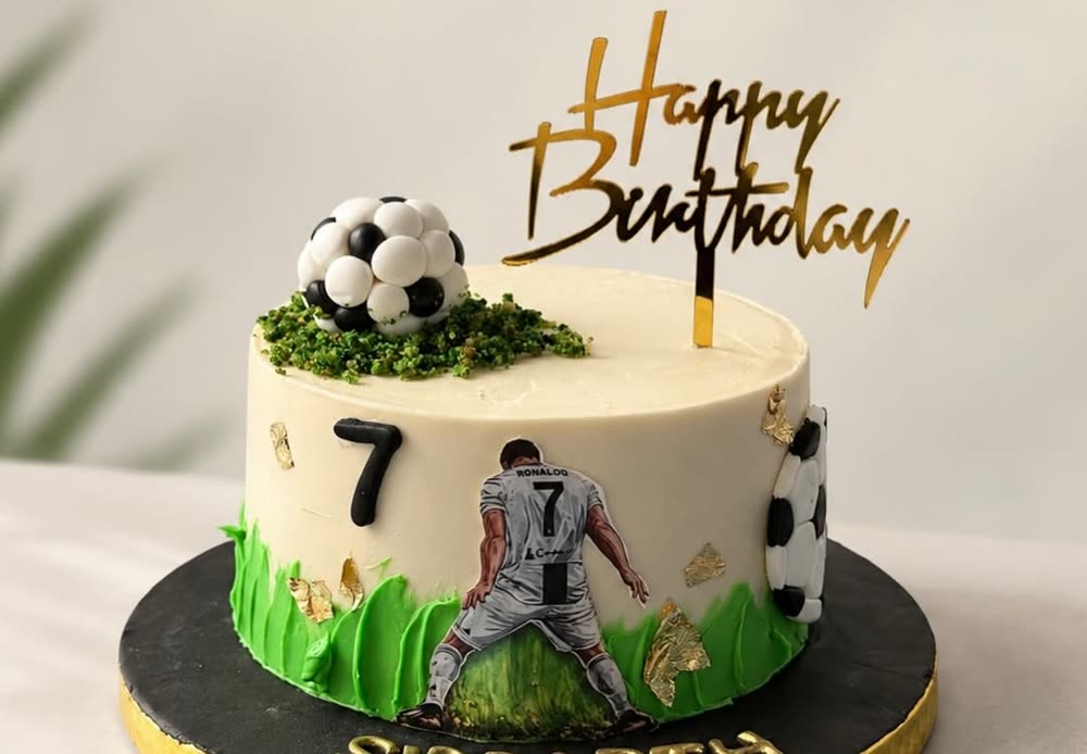 Cream buttercream birthday cake with a hand-painted footballer, piped grass, gold leaf detail and a moulded football on top.